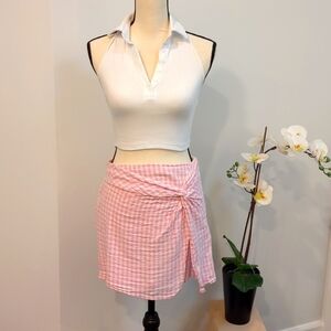 Hollister Ultra High Rise Pink & White Linen Twist Front Plaid Skirt - Size M